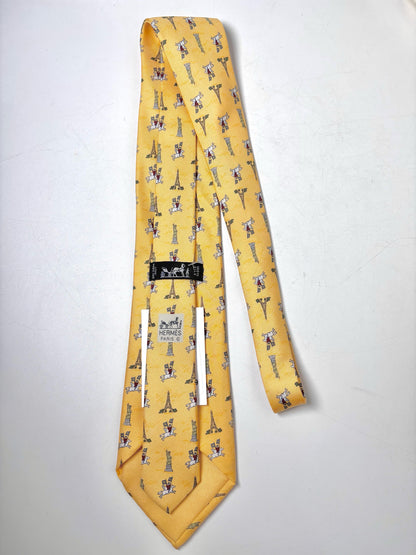 Vintage Hermes Yellow Silk Flying Horse, Eiffel Tower Men's Tie