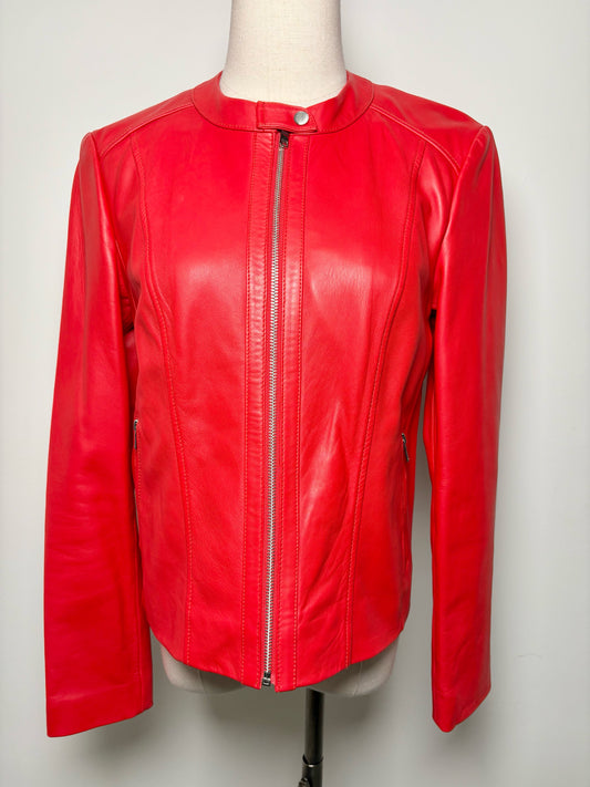 Women Size S/P Cole Haan Red Solid Lambskin Leather Jacket
