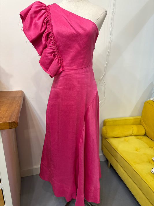 Women Size 8 Aje Pink One-Shoulder Ruffle Linen Blend Pre-owned Midi Dress