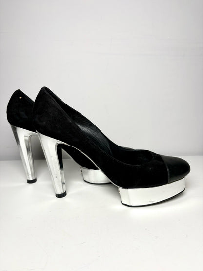 W Shoe Size 41.5 Chanel Black, Silver Leather Suede Pre-owned Heels