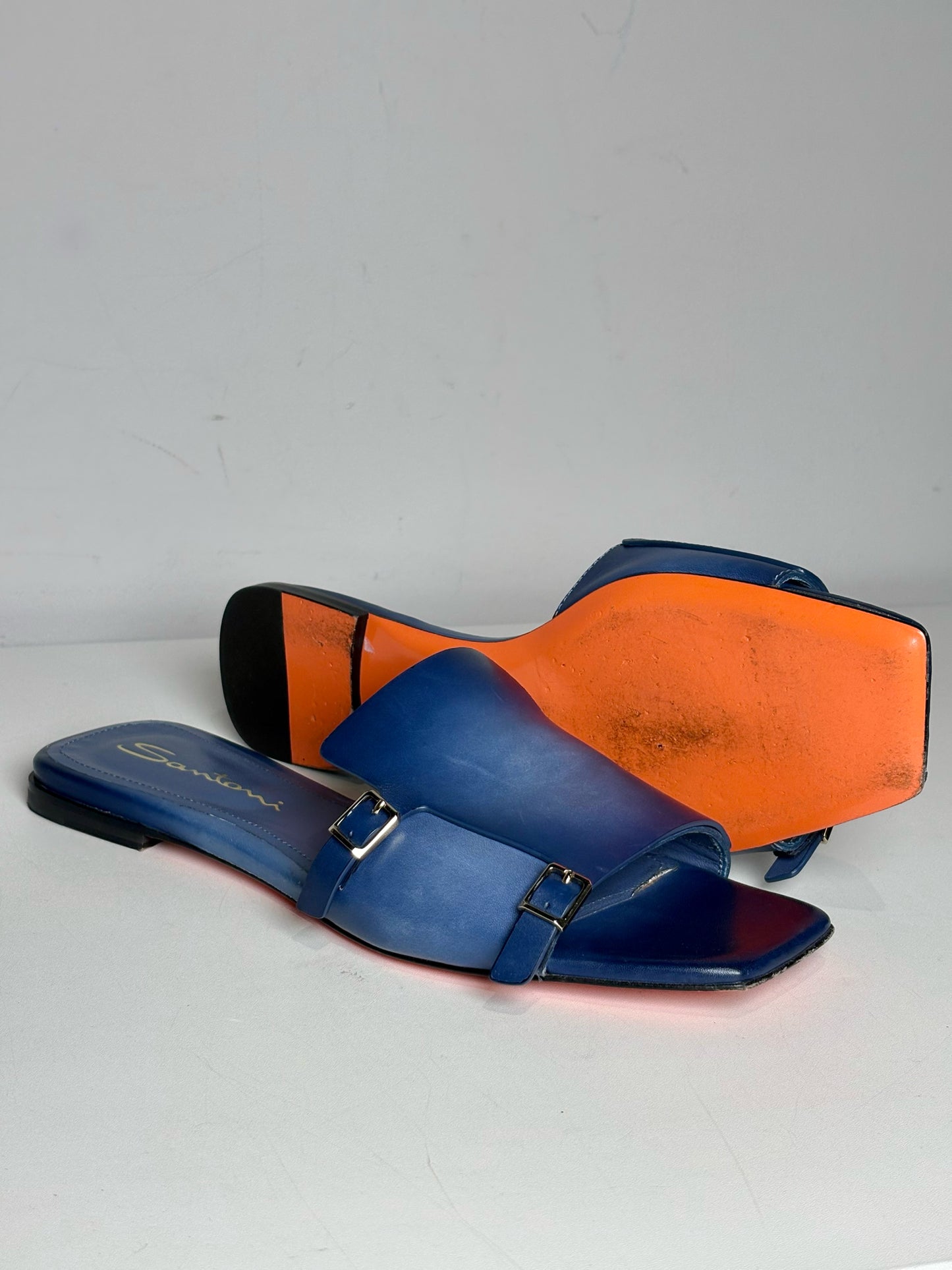 W Shoe Size 38.5 Santoni Blue Leather Cowhide Women's Pre-owned Sandals