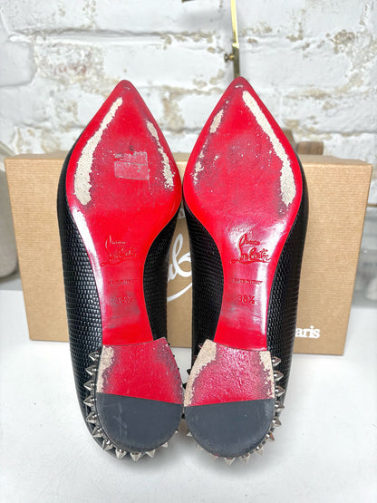W Shoe Size 38.5 Christian Louboutin Black Leather Calf Pre-owned Flats