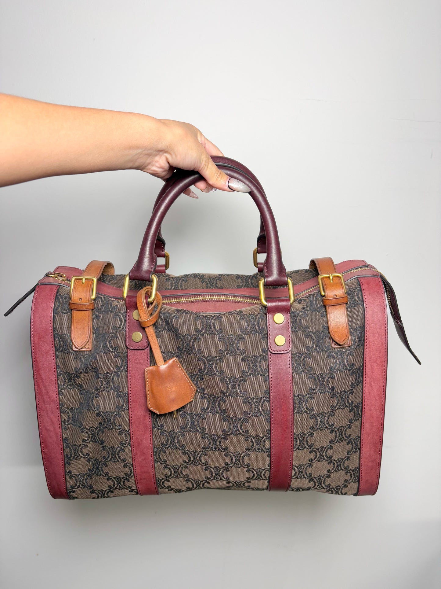 Celine Monogram Vintage Canvas, Leather Burgundy Vintage Tote