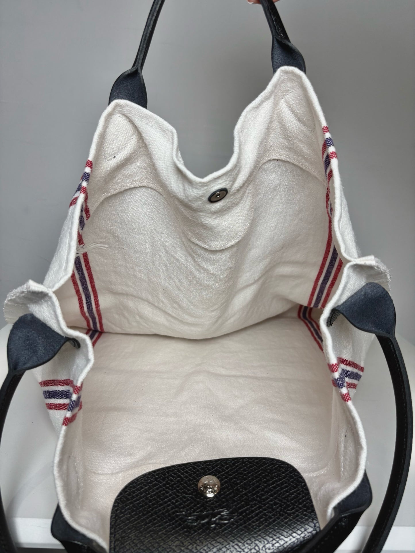 Longchamp Solid w/Stripe Accents Linen Pre-owned Off-white Cowhide Trim Purse