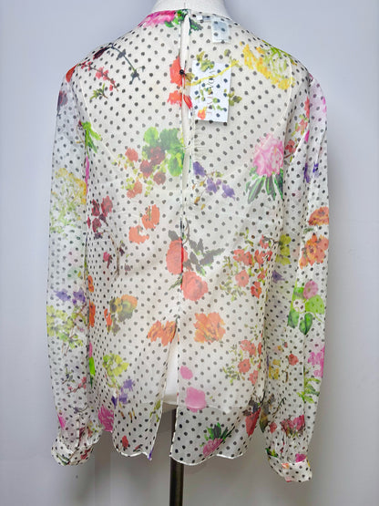 Women Size 14 Oscar de la Renta Multi-Color Dot, Floral Print Blouse