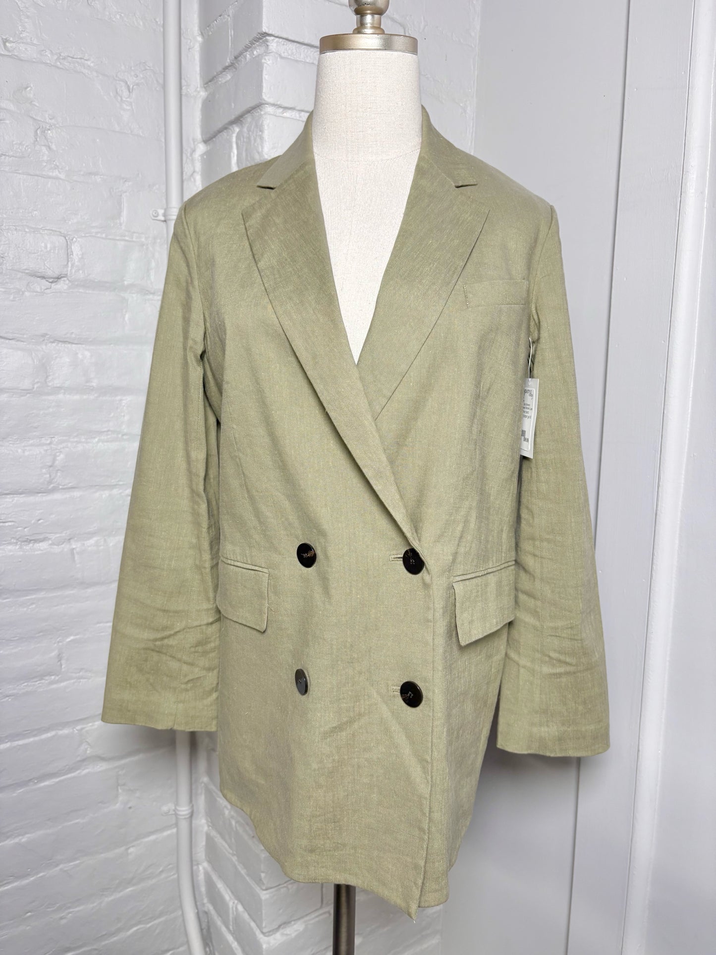 Women Size L Theory Olive Solid Linen Blazer