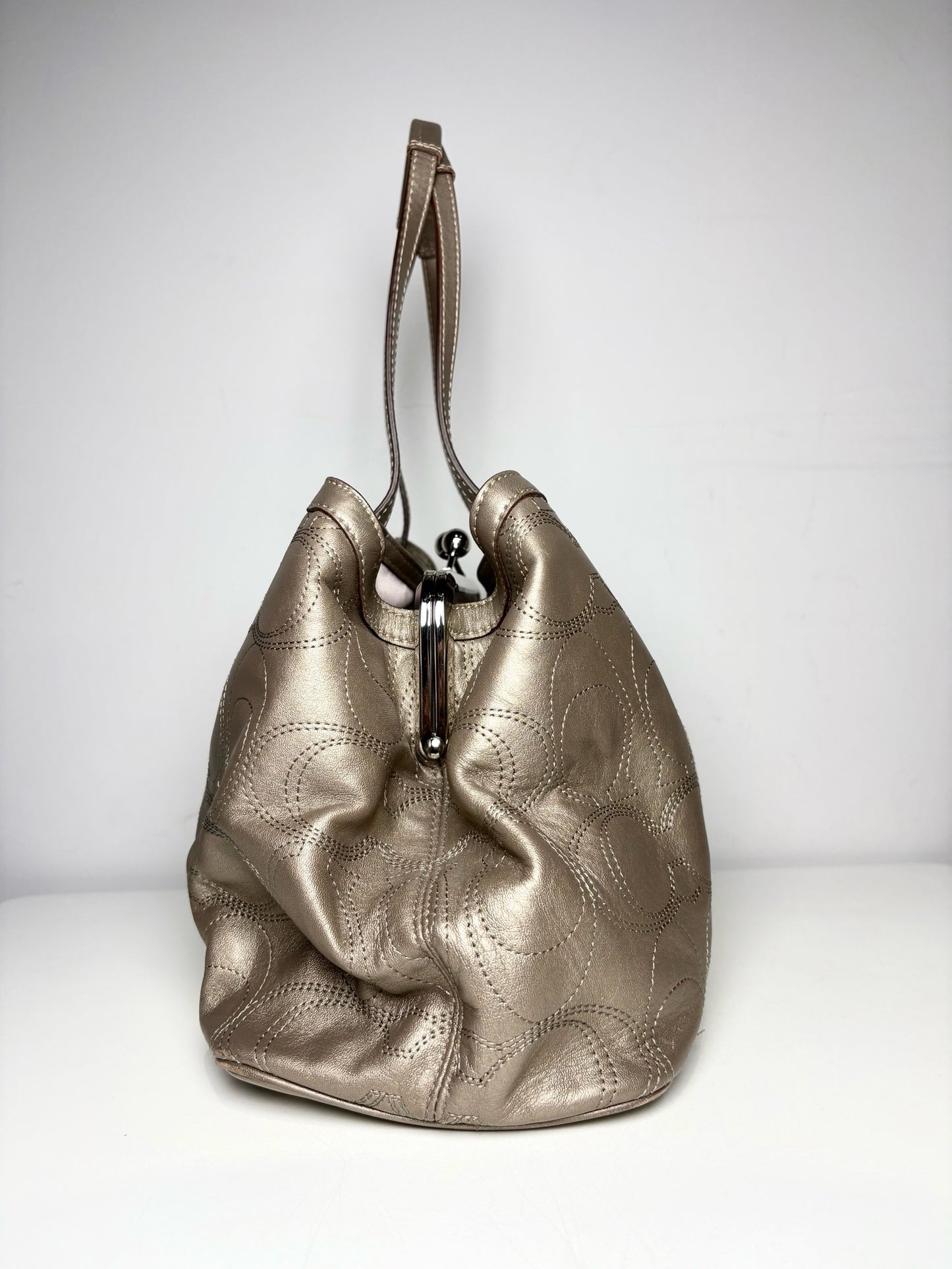 Coach Gunmetal Silver Stitched Logo Vintage Satin-Lined Pre-owned Women's Purse
