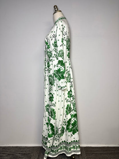 Women Size M Magaschoni White, Green Floral Pure Linen Pre-owned Dress