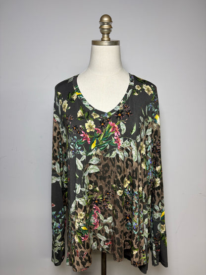 Women Size XXL Johnny Was Olive Green Floral & Animal Print Pre-Owned Long Sleeve Shirt