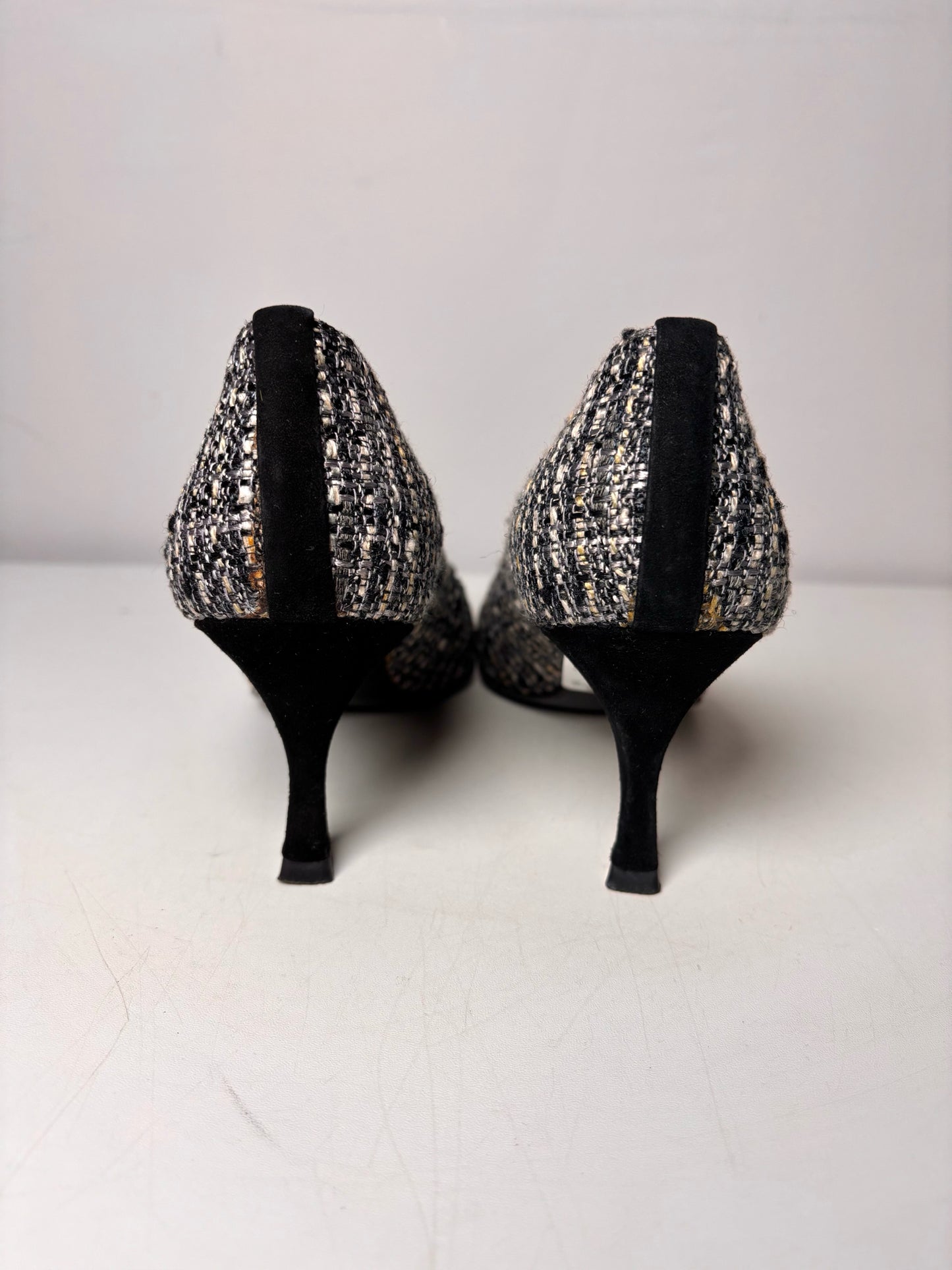 W Shoe Size 8.5 Stuart Weitzman Black, Gray Tweed Rhinestone Buckle Heels