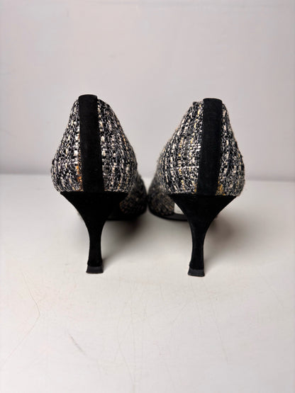 W Shoe Size 8.5 Stuart Weitzman Black, Gray Tweed Rhinestone Buckle Heels