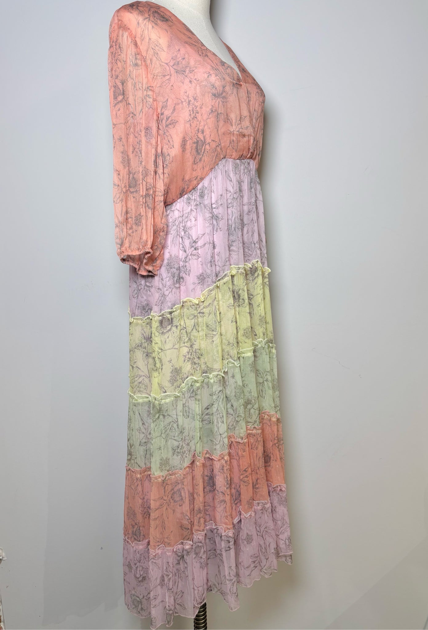 Women Size L Johnny Was Salmon, Yellow, Coral, Lavender Jade Silk Dress