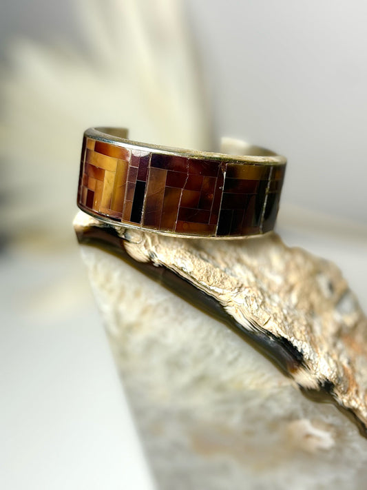 Brown Brown Colin Coonsis Inlay Tiger Eye Sterling Silver 925 Cuff Bracelet