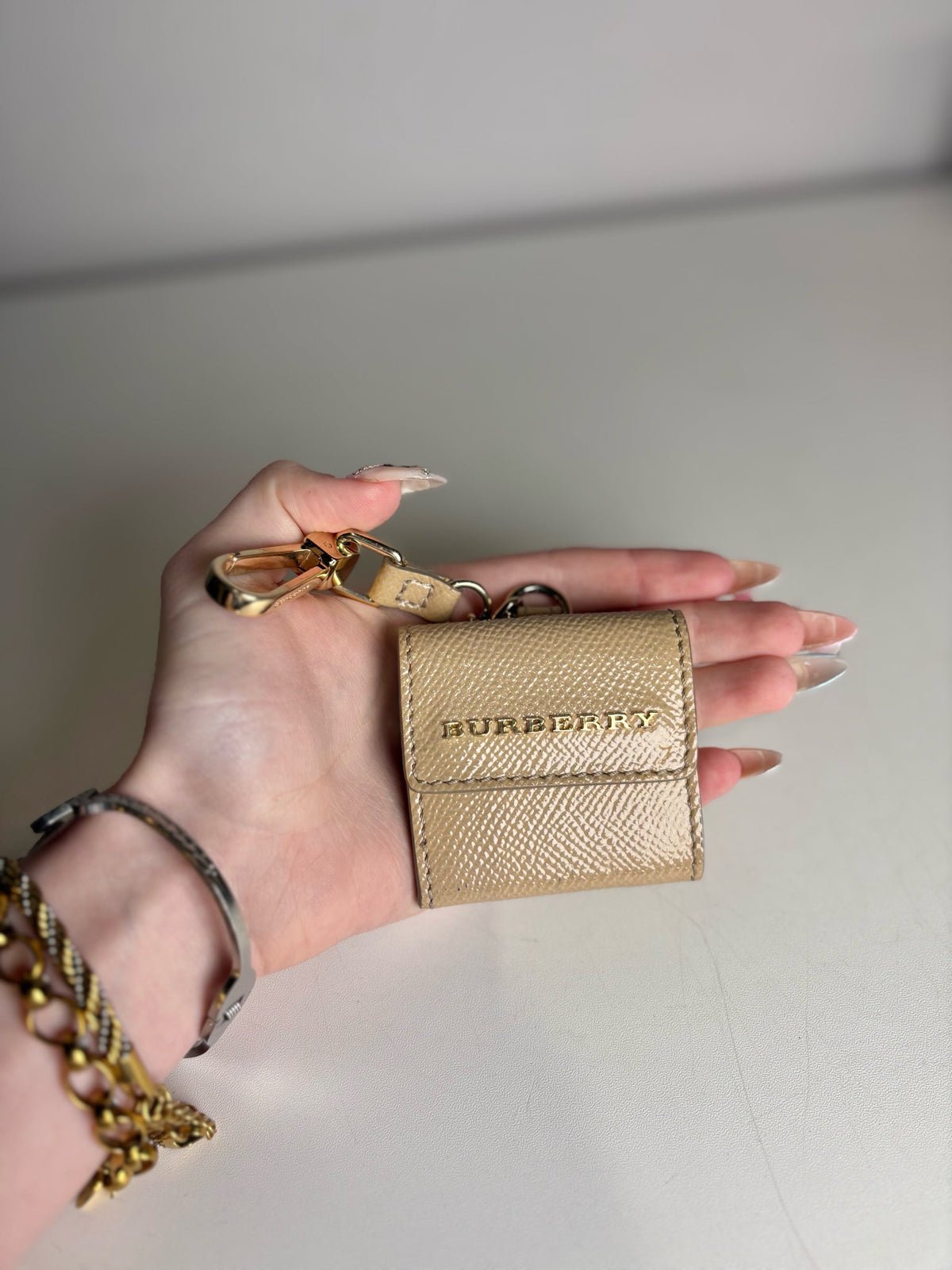 Khaki Burberry Patent Leather Mini Wallet Tri-fold Khaki Keychain