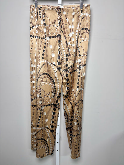 Women Size 4 Trina Turk Brown, Black Pearls Silk Wide Leg Pants