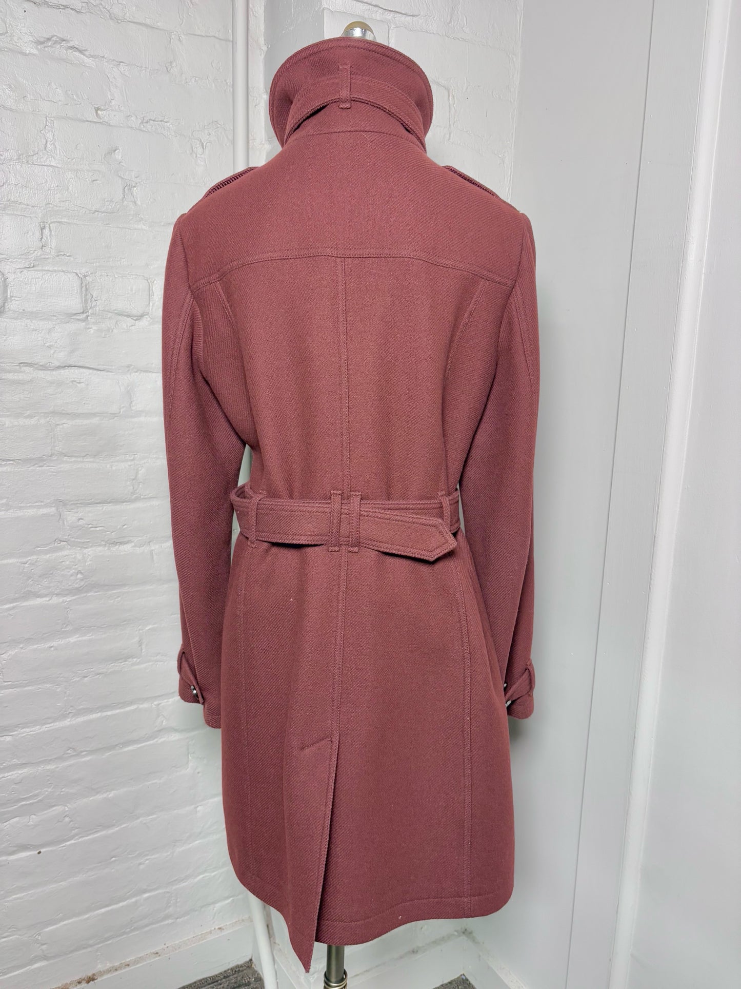 Women Size 14 Burberry Brit Burgundy Wool Blend Belted Coat