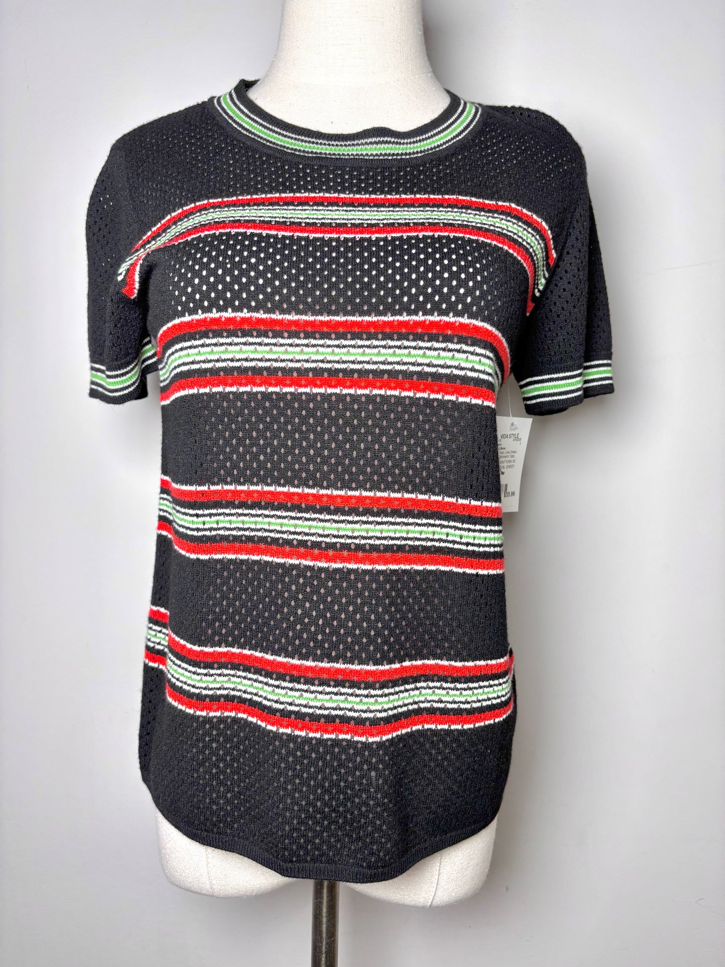 Women Size M Rag & Bone Black, Red, Lime Green Stripe Sweater