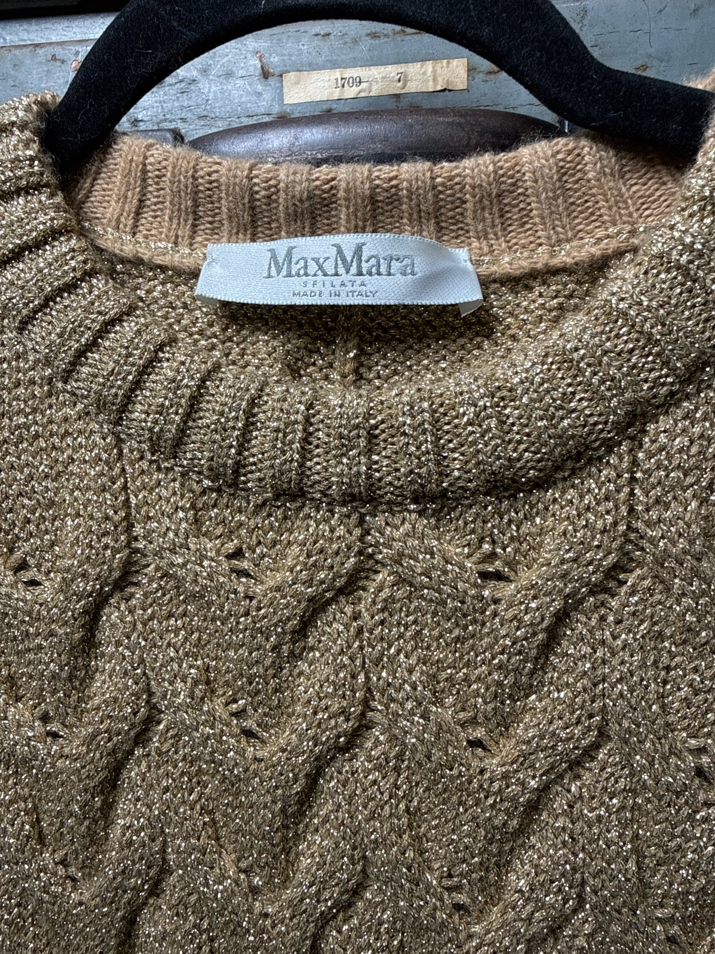 Women Size M (Est.) Max Mara Metallic Gold Cable-Knit Mid-Length Sweater Dress