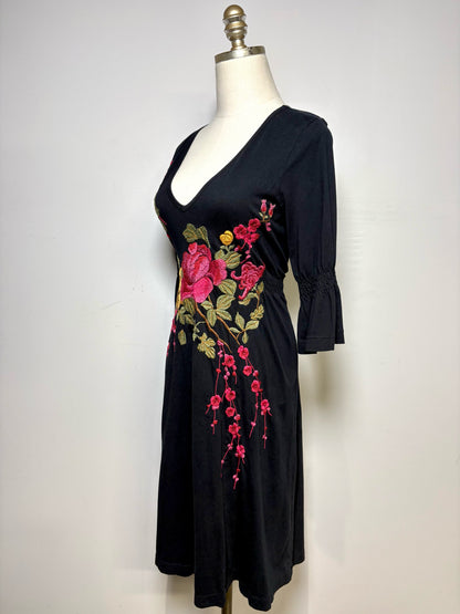 Women Size M JW Los Angeles Black Floral Embroidered Pure Cotton Pre-Owned Dress