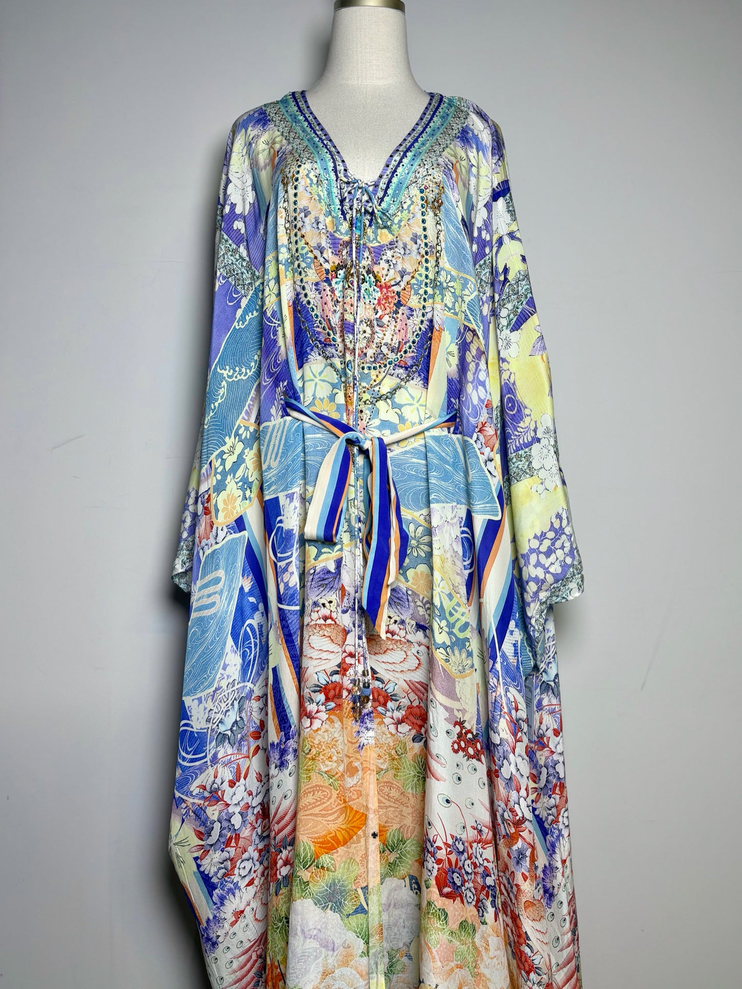 Women Size OS Camilla Floral Print Crystal Beads Silk Kaftan Pre-owned Dress