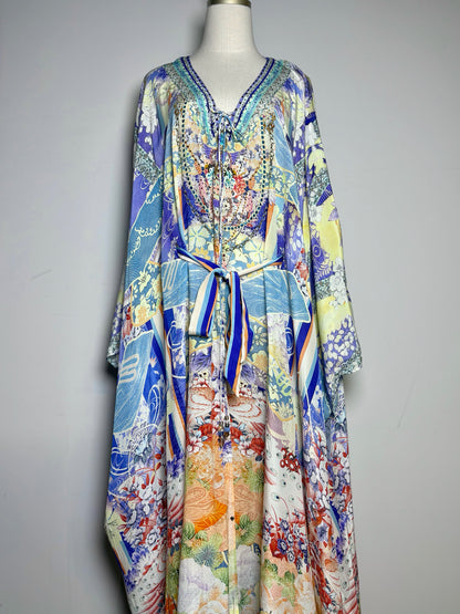 Women Size OS Camilla Floral Print Crystal Beads Silk Kaftan Pre-owned Dress