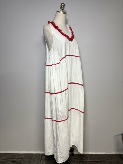 Women's Size M Rae Feather White & Red Embroidered Cutout Cotton Pre-Owned Tiered Maxi Dress