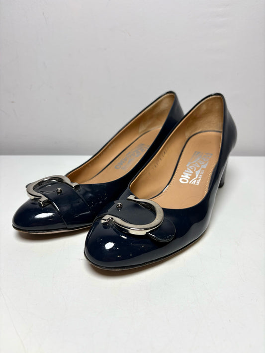 W Shoe Size 7.5 Salvatore Ferragamo Blue Leather Patent Women's Pre-owned Heels