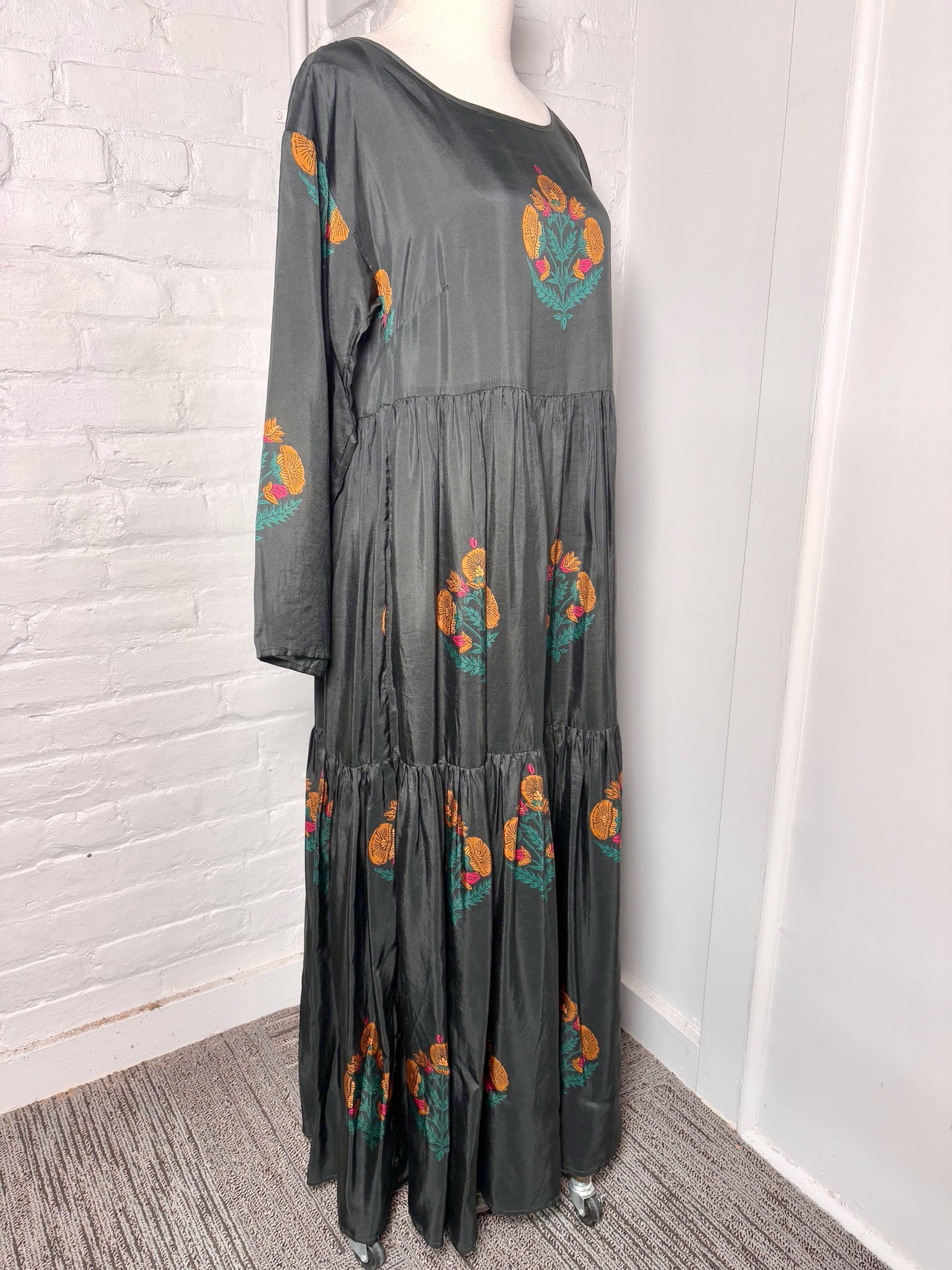 Women Size S Pink Chicken Black Floral Maxi Silk Dress