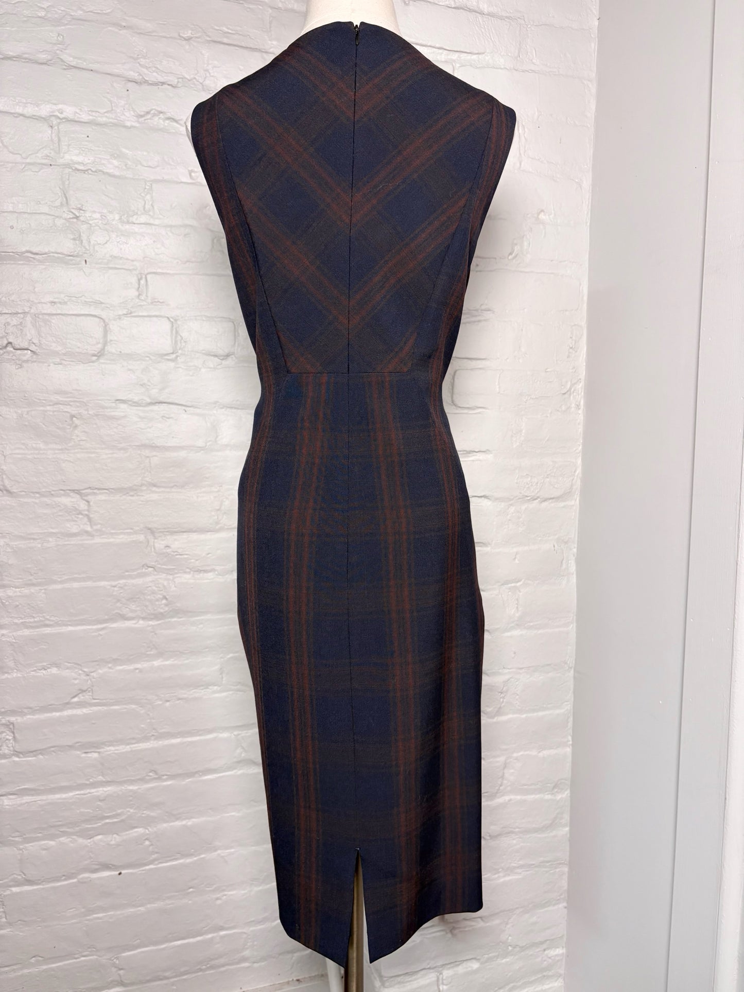 Women Size 10 Elie Tahari Navy, brown Plaid Polyester Blend Dress