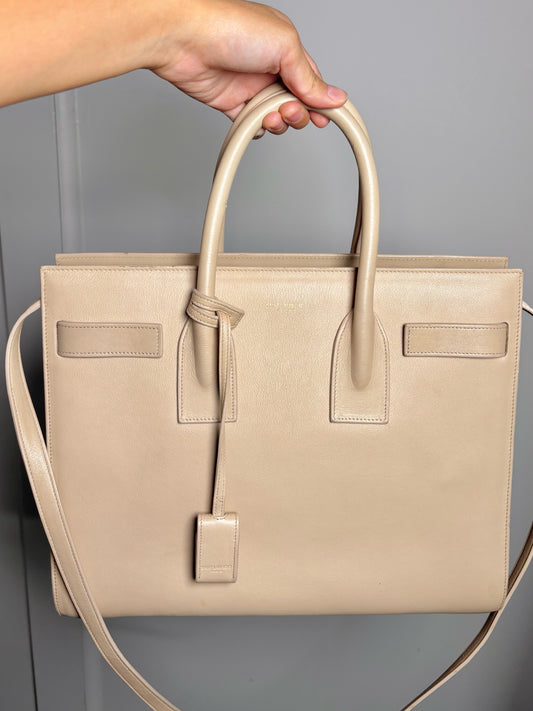 Leather "Sac De Jour" Saint Laurent Solid Cream Calfskin Medium Purse