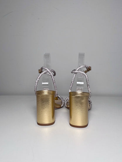 W Shoe Size 7.5 Schutz Jewell Block Gold Leather Cowhide Pre-owned, NWT Heels