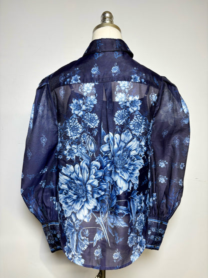 Size 12 Karen Millen Navy Blue & White Floral Women's Polyester Pre-owned Top