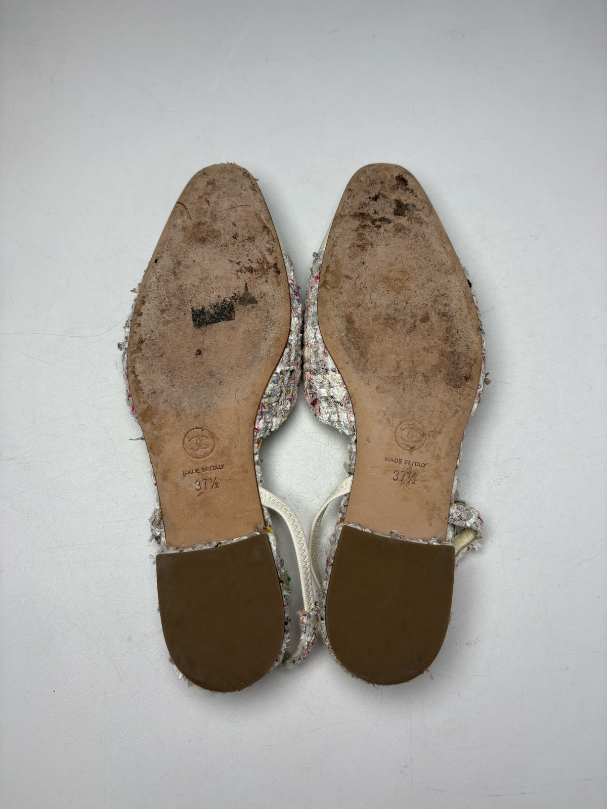 Women's Shoe Size 37.5 Chanel Cream Multicolor Tweed Lambskin Leather Pre-Owned Slingback Shoes