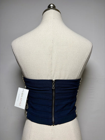 Women Size 4 Alice + Olivia Navy Beaded Polyester Pre-Owned Strapless Crop Top