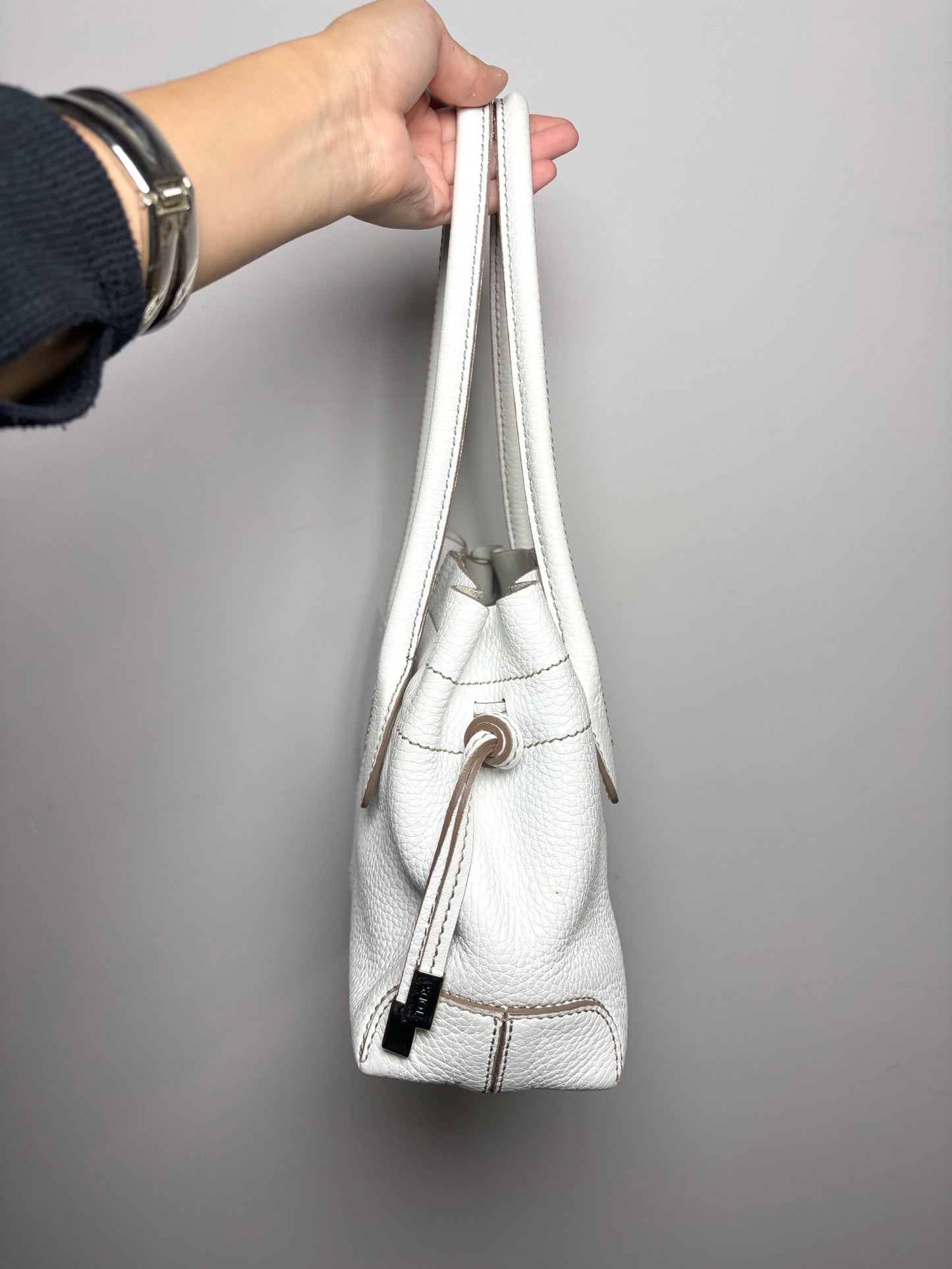 Tod's Solid Leather White Cowhide Pebble Grain Double Handle Purse