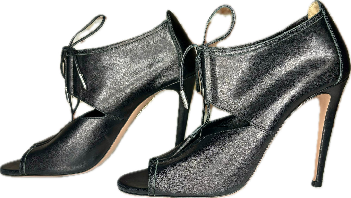 Aquazzura Black Leather Cowhide Cutout Heels, Sz 37.5