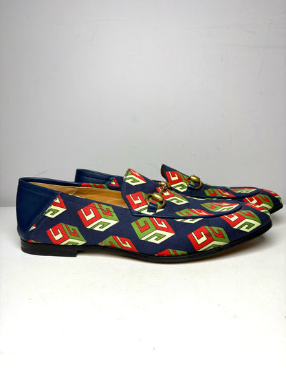 Gucci Brixton GG Blue Satin Print Shoe Sz 8 Men's Loafers NWT Pre-owned