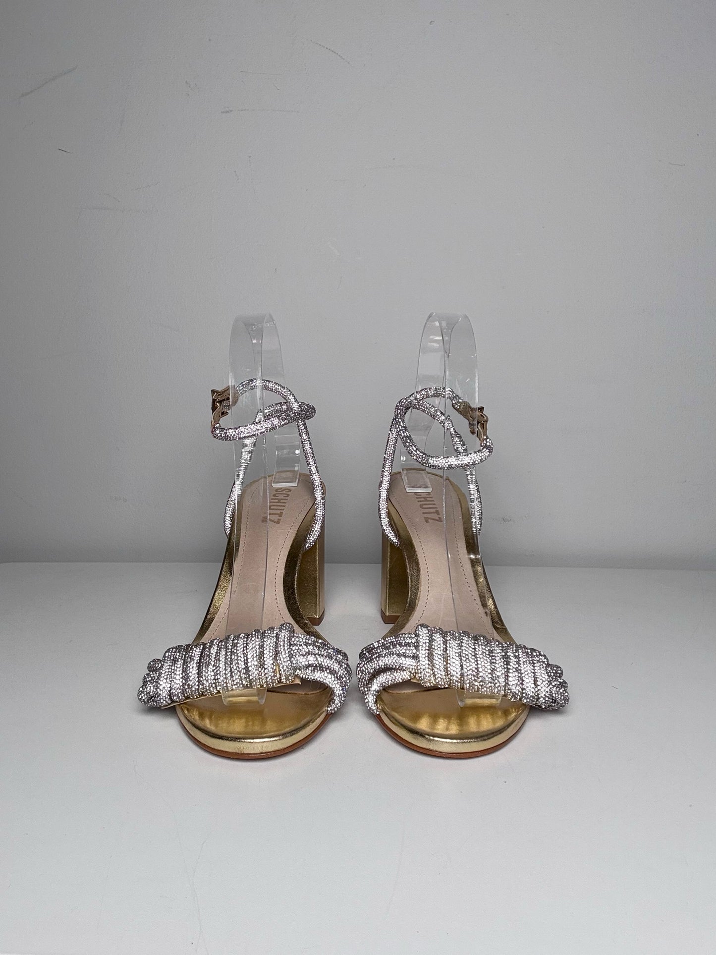 W Shoe Size 7.5 Schutz Jewell Block Gold Leather Cowhide Pre-owned, NWT Heels