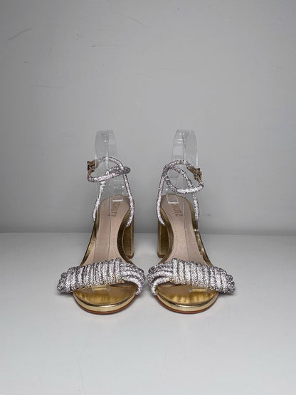 W Shoe Size 7.5 Schutz Jewell Block Gold Leather Cowhide Pre-owned, NWT Heels