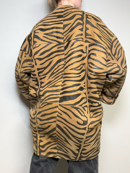 Women's Size S Bergdorf Goodman Vintage Tiger Print Leather Suede Shearling Pre-Owned Coat