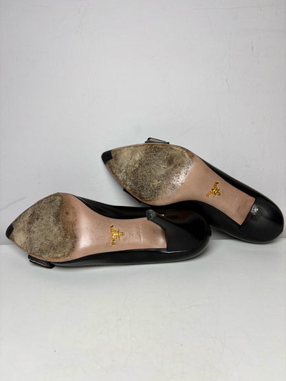 W Shoe Size 38.5 Prada Black Leather Genuine Leather Women's Vintage Heels