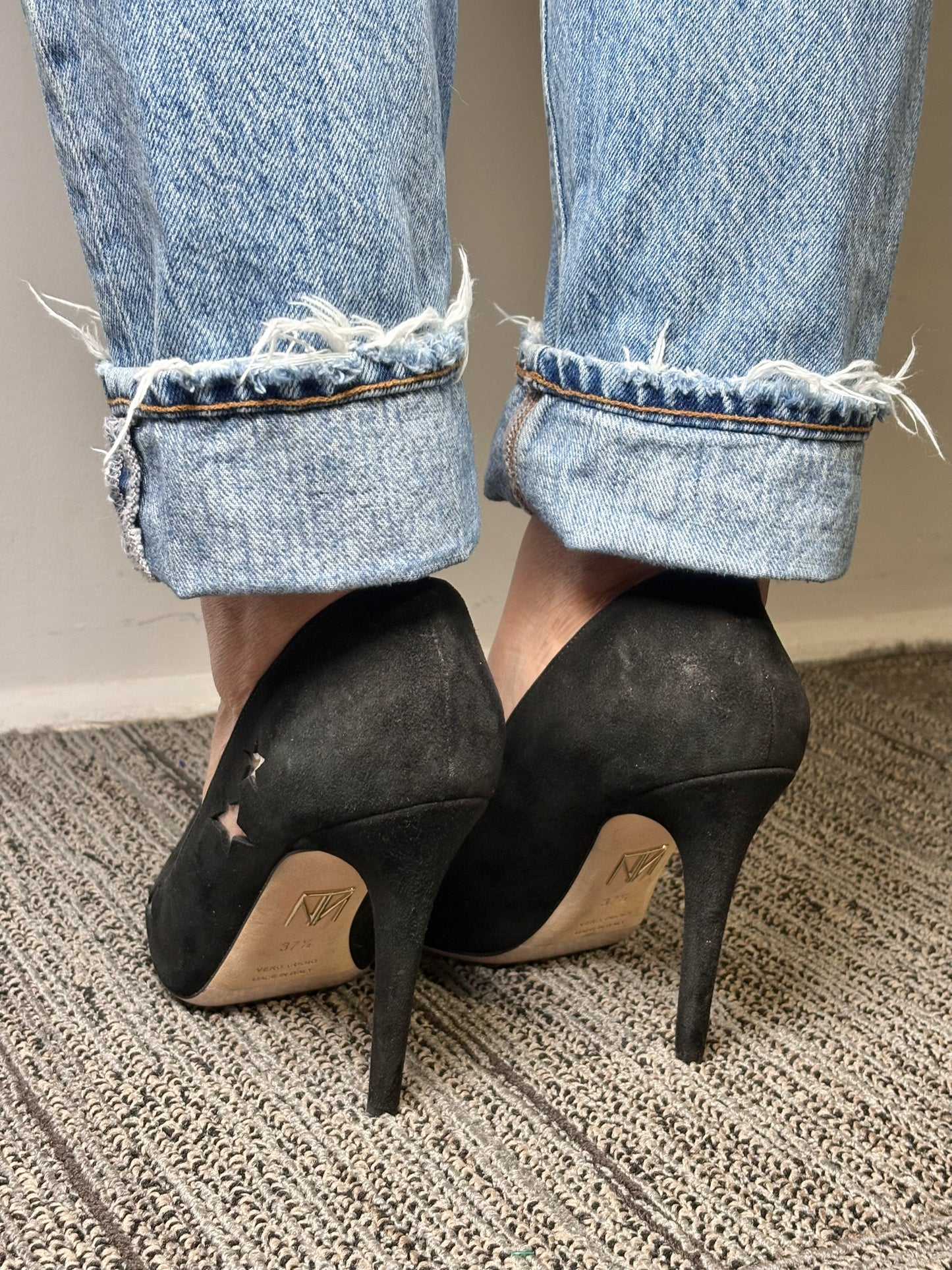 W Shoe Size 37.5 (7 US) Tamara Mellon PVC Stars Black Suede Pre-owned Heels