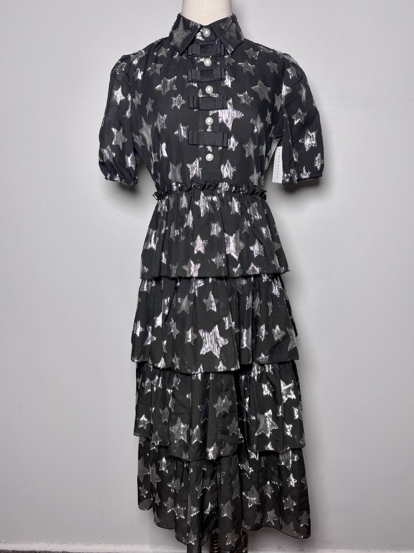Women Size 4 Halogen Black Silver Stars, Ribbons Pre-owned Dress