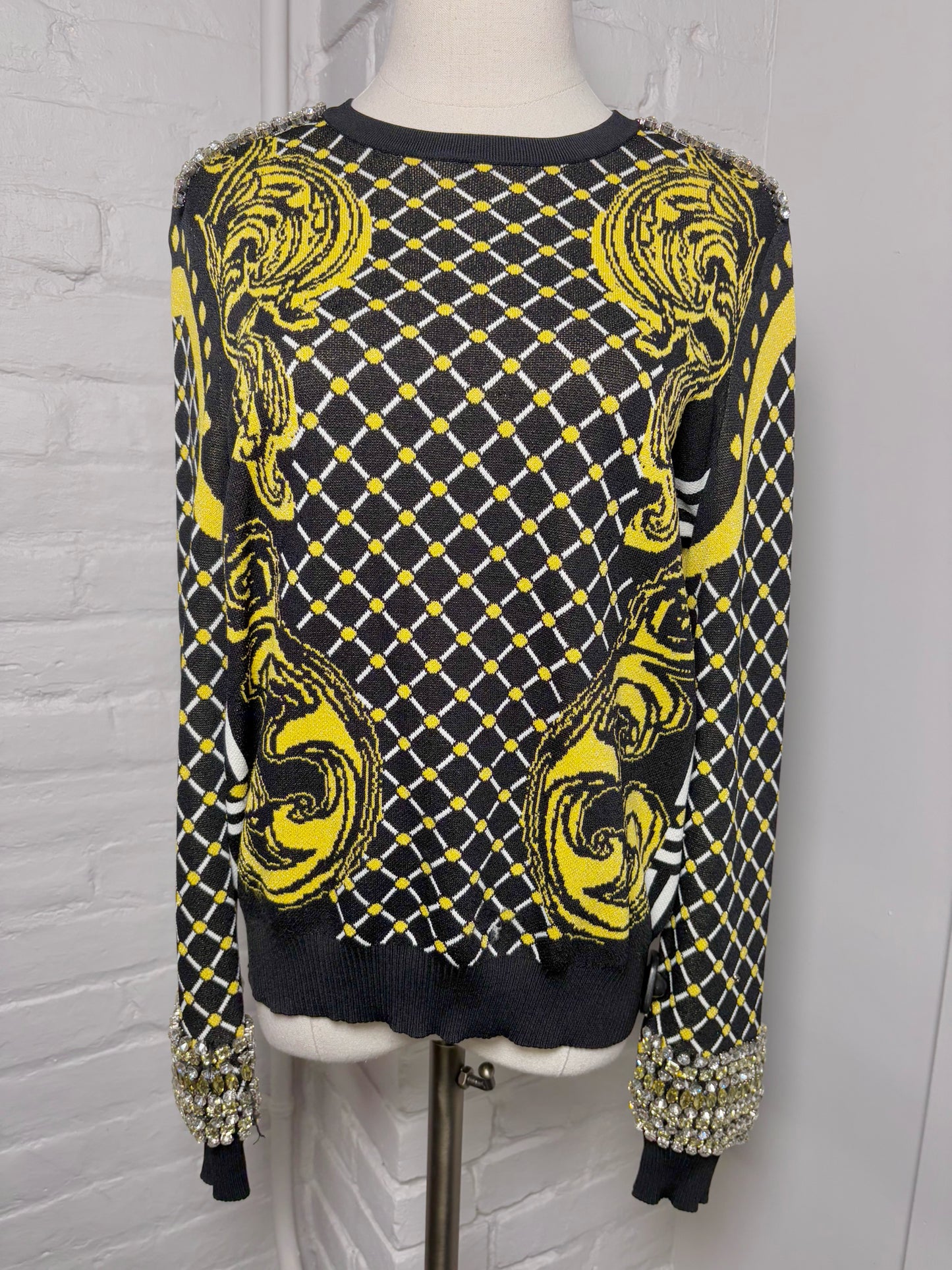 Women Size M Karen Millen Yellow, Black, Red Crystals, Swirls Knit Sweater