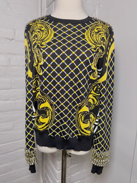Women Size M Karen Millen Yellow, Black, Red Crystals, Swirls Knit Sweater
