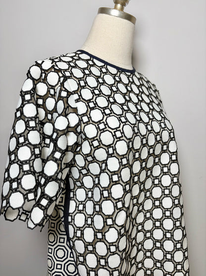 Women Size 4 Tory Burch Blue, White Geometric Embroidered Gloria Shirt