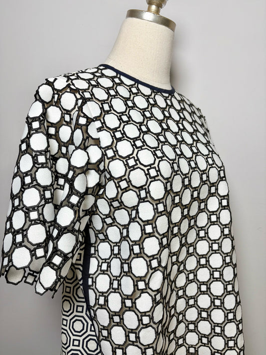 Women Size 4 Tory Burch Blue, White Geometric Embroidered Gloria Shirt