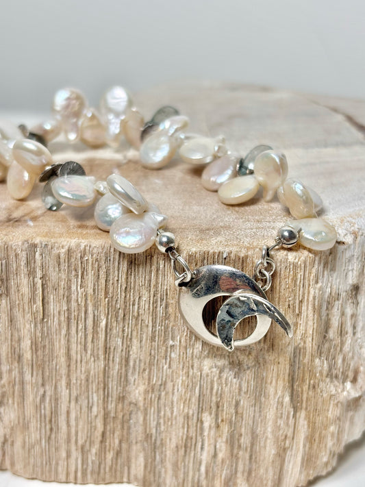 Bracelet - Luna Mar Sterling Silver Ivory Pearl & Aquamarine 7"
