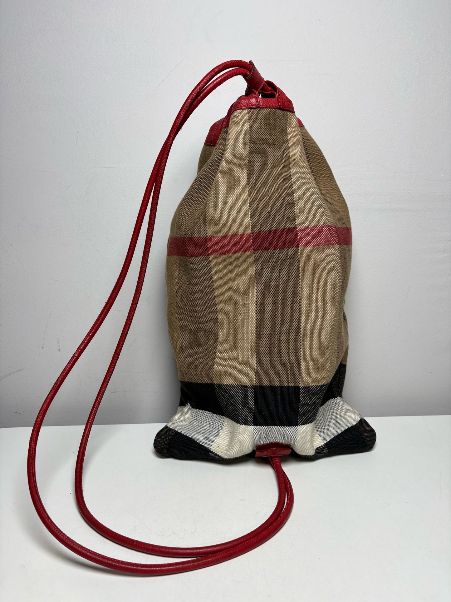 Women's Burberry Nova Check Canvas & Red Pebble Leather Pre-Owned Drawstring Purse