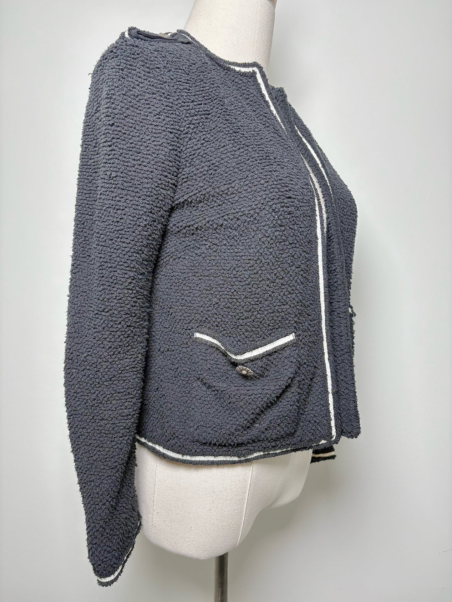 Ladies Blazer - The Kooples Black w/ White Trim Silver Daisies Open Front (S)